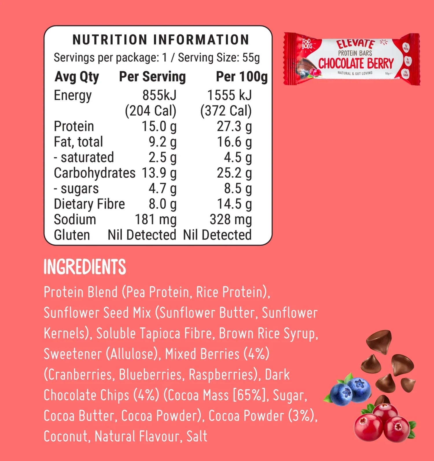 FOD BODS Bars Choc Berry ELEVATE Protein Bars 55g